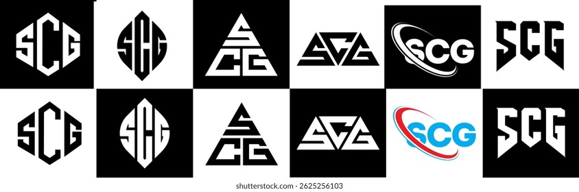 SCG letter logo design in six style. SCG polygon, circle, triangle, hexagon, flat and simple style with black and white color variation letter logo set in one artboard. SCG minimalist and classic logo