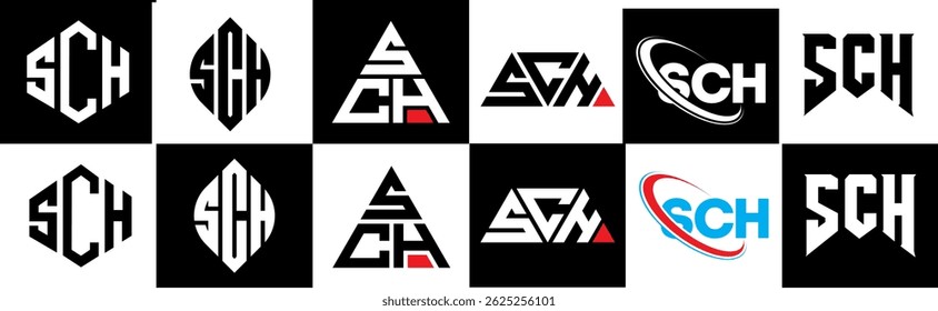 SCH letter logo design in six style. SCH polygon, circle, triangle, hexagon, flat and simple style with black and white color variation letter logo set in one artboard. SCH minimalist and classic logo