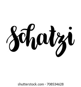 schatzi - sweetheart in German. Happy Valentines day card, Hand-written lettering isolated on white. Vector illustration