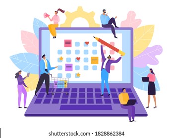 Schedule and agenda in business planner, vector illustration. Calendar for plan event and meeting at office teamwork concept. Man woman character design organizer in laptop, work appointment.