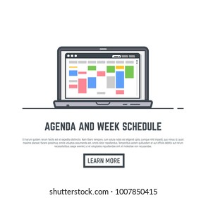 Schedule and agenda week calendar. Time planner for business and routine tasks. Web browser with app for scheduling weekly activity. Time schedule management. Line vector trendy illustration banner.