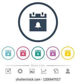 Schedule alarm flat color icons in round outlines. 6 bonus icons included.
