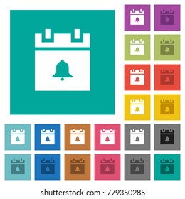 Schedule alarm multi colored flat icons on plain square backgrounds. Included white and darker icon variations for hover or active effects.