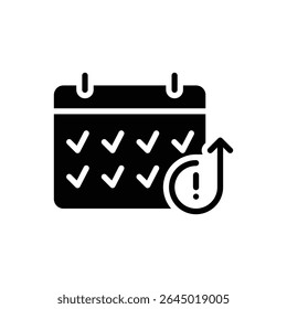 Schedule Alert Glyph Icon Solid Calendar with Deadline Notification and Upward Arrow Indicating Increased Workload and Task Stress Black Silhouette Icon for Remote Worker Burnout