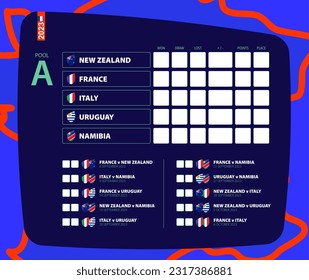 Calendario para todos los partidos de rugby de la piscina A, marcador de la competición de rugby 2023. Icono del vector.