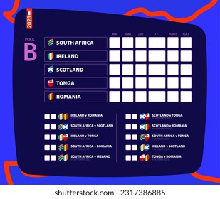 Schedule for all rugby matches of pool B, scoreboard of rugby competition 2023. Vector icon.