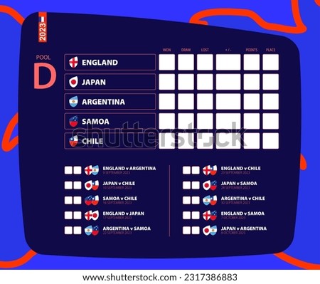 Schedule for all rugby matches of pool D, scoreboard of rugby competition 2023. Vector icon.