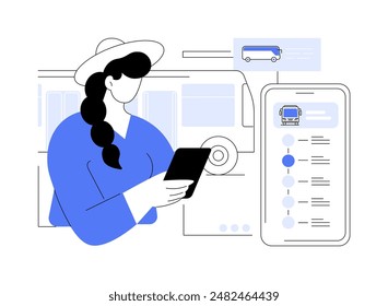 Schedule app isolated cartoon vector illustrations. Girl stands at the bus stop and looks at public transport schedule app using smartphone, urban lifestyle, city transportation vector cartoon.