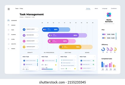 Schedule app. Task manager UI template with project timeline, time optimization and task management web app dashboard interface. Vector design of schedule ui application illustration - Shutterstock ID 2155233345