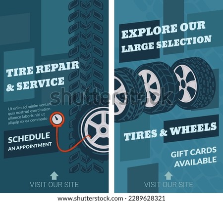 schedule appointment and get tires repaired, service for cars and vehicles. Explore large selections of wheels. Maintenance and fixing for automobiles. Promotional banner. Vector in flat style