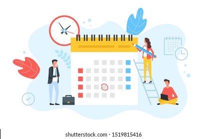 Schedule, appointment, planning. Clock and calendar with marked date and group of people with pencil, laptop and briefcase. Time, business event concepts. Modern flat design. Vector illustration