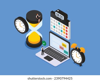 Schedule, appointment, planning. Clock and calendar with marked date isometric 3d vector illustration concept