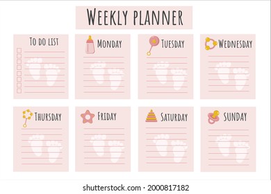 Schedule for the baby's mom. Schedule for the week for the girl's mother. A place to take notes, a convenient organizer for the day of the week for planning. Young mom's schedule.