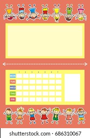 schedule, bilateral timetable for kids, vector illustration, pink background