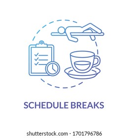 Schedule breaks blue concept icon. Free time from work. Pause from studying. Overworked employee. Selfcare measure idea thin line illustration. Vector isolated outline RGB color drawing