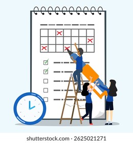Schedule business appointment, important date, time management, working project plan or reminder concept. Business team using big pen to mark important appointment task list on calendar with clock.