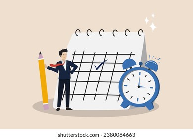 Schedule business appointment, work project plan or reminder concept, work completion target date, smart businessman using pencil to mark important appointment date on calendar with alarm clock.