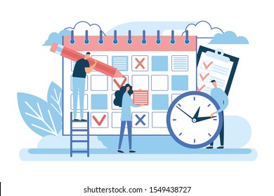 Schedule. Business calendar, time management, office work plan, date event concept. Planner reminder, month scheduling, organizer app, project planning symbol. Characters people. Abstract design