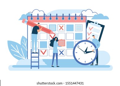 Schedule. Business calendar, time management, office work plan, date event concept. Planner reminder, month scheduling, organizer app, project planning symbol. Characters people. Abstract design