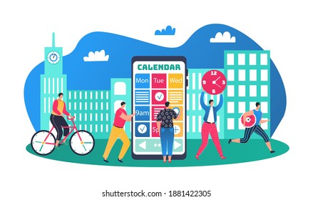 Schedule for business people, calendar and time management concept vector illustration. Flat smartphone app to plan office project and teamwork organization. Man character near huge planner.