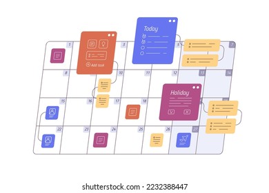 Schedule in calendar. Content, reminders, tasks in online planner. Time-management concept. Business timetable, daily plans for work and holiday. Flat vector illustration isolated on white background