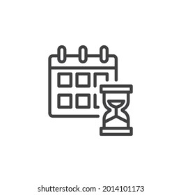 Icono de la línea de calendario de programación. signo de estilo lineal para concepto móvil y diseño web. Icono de vector de contorno de calendario y de vidrio de horizonte temporal. Símbolo, ilustración del logotipo. Gráficos vectoriales
