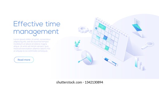 Schedule calendar or office planner in isometric vector illustration. Effective time management concept. Job optimization background for web banner layout template.