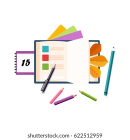 Schedule, Calendar And Pencils, Set Of School And Education Related Objects In Colorful Cartoon Style