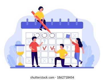 Schedule, calendar, planner concept. Group of people plans, marks dates, deadlines. Business team organizes workflow. Vector illustration