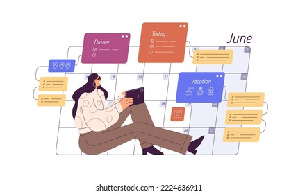 Schedule in calendar planner. Woman setting daily personal and business tasks, reminders. Tiny character and timetable, time organizer. Flat graphic vector illustration isolated on white background