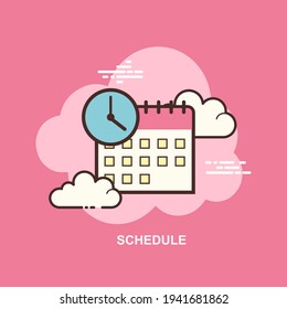 Schedule calendar with time clock on pink background flat concept design