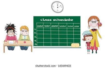 schedule of classes with students in the classroom and teacher. Vector illustration.