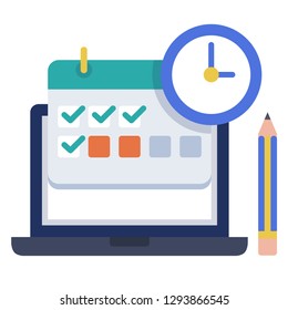 Schedule with clock and pencil vector illustration in flat color design