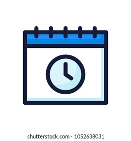 Schedule color flat line icon. Isolated calendar with clock icon on white background. Deadline flat icon.