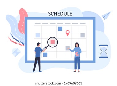 Schedule concept. The business team plans the work of the company. A man stands with a magnifier near the dashboard, a woman with a tablet. Flat vector illustration for web sites, infographics