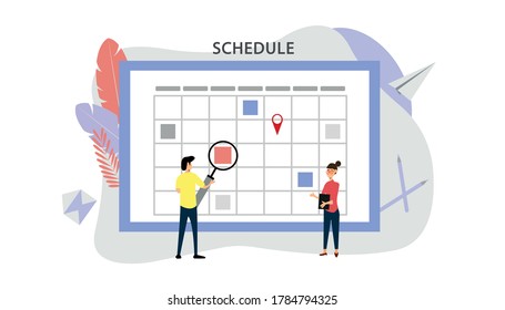 Schedule concept. The business team plans the work of the company. A man stands with a magnifier near the dashboard, a woman with a tablet. Flat vector illustration for web sites, infographics