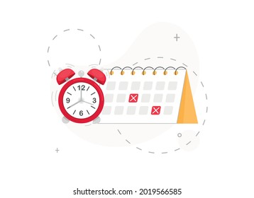 Schedule concept with calendar and alarm clock. Crosses on dates in the calendar. Deadline in work. Flat design