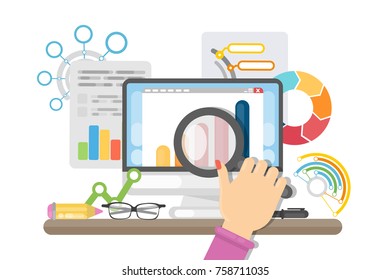 Schedule concept illustration. Hands with magnigying glass checking the agenda and information.