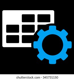 Schedule Configuration vector icon. Style is bicolor flat symbol, blue and white colors, rounded angles, black background.