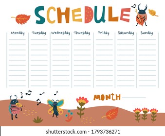 Schedule with cute beetles musicians. Vector graphics.