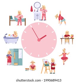 Schedule of daily routine for cute kid girl. Infographics of child activities during day - morning hygiene procedures, eat, dancing, reading books and drawing. Vector illustration.