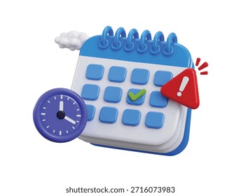 Schedule date alarm warning icon 3d render concept of calendar with warning icon and clock icon Schedule date alert icon vector illustration