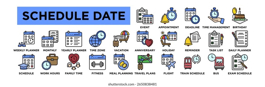 Schedule Date Icon Set. Editable Stroke Icon Collection. Event Planning, Appointment, Deadline, Time Management, Birthday, Anniversary, Holiday, Reminder, Task List, Daily Planner, Weekly Planner, Mon