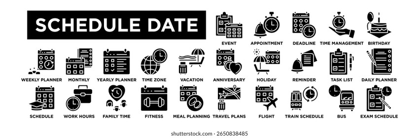 Schedule Date Icon Set. Editable Stroke Icon Collection. Event Planning, Appointment, Deadline, Time Management, Birthday, Anniversary, Holiday, Reminder, Task List, Daily Planner, Weekly Planner, Mon