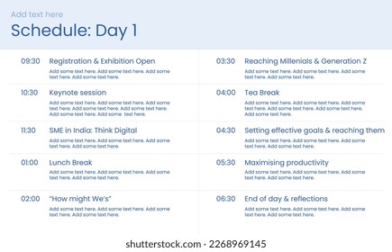 Schedule of the day. Infographics template, presentation agenda, schedule overview. Vector template design. Editable template of presentation slide representing company agenda, meeting agenda.