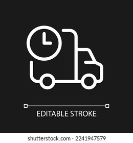 Schedule delivery pixel perfect white linear ui icon for dark theme. Transportation service. Vector line pictogram. Isolated user interface symbol for night mode. Editable stroke. Arial font used