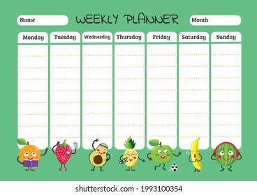 Schedule design template. Childrens weekly planner and school timetable with cool fruits in cartoon style