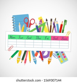 Schedule in a diary notebook against the background of school stationery, such as pens, pencils, scissors, ruler, brushes. Concept September 1, go to school. flat vector illustration isolated on white