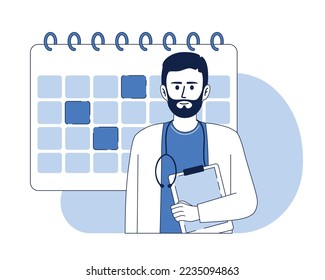 Programar cita médico 2D vector ilustración lineal aislada. Carácter plano de línea delgada de asistencia sanitaria sobre fondo de caricatura. Colorida escena editable para móvil, sitio web, presentación
