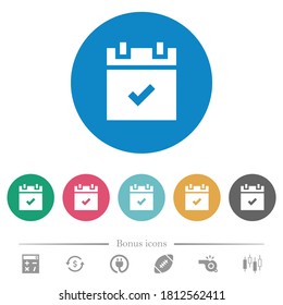 Schedule done flat white icons on round color backgrounds. 6 bonus icons included.